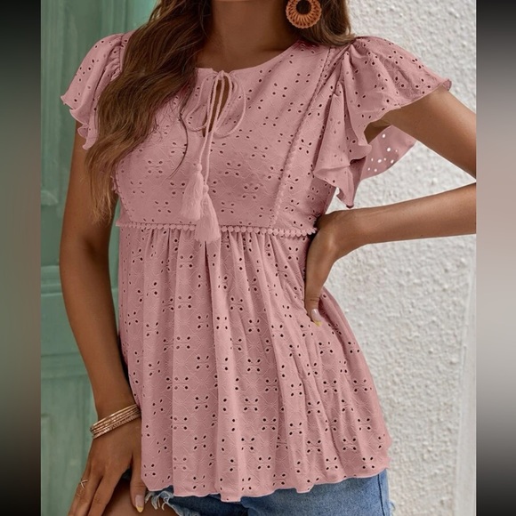 Elegant Peplum Tie Flutter Sleeve Eyelet Embroidered Top Blouse Shirt Dusty Pink - Picture 4 of 15